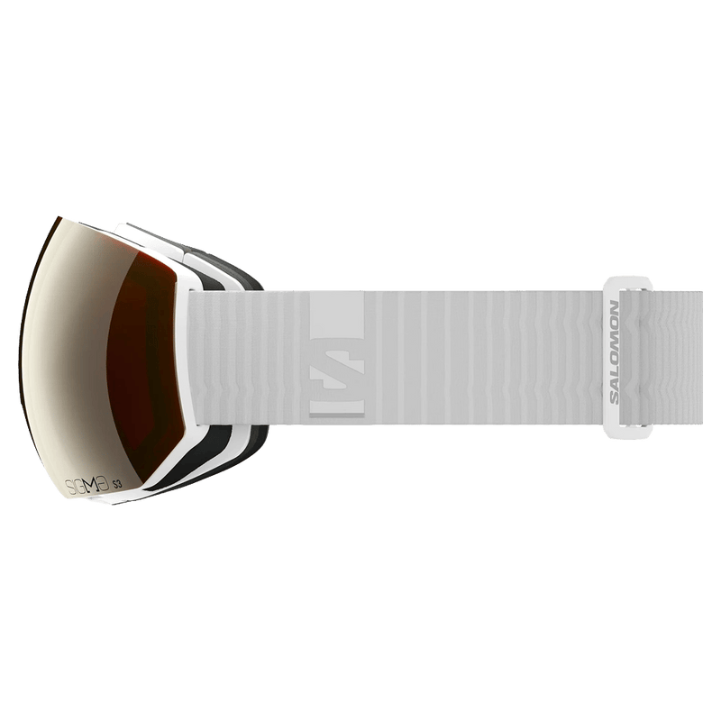 Side view of the Salomon Radium Pro Goggles in White, Sigma Black Gold lens, unisex model