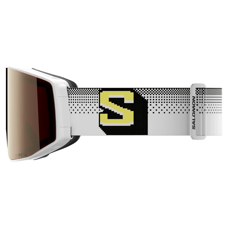 Side view of the Salomon Sentry Prime Goggles in White Pixel, Sigma Gun Metal lens, unisex model