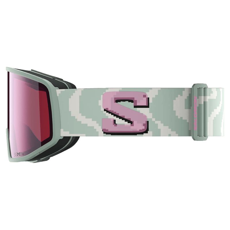 Side view of the Salomon Sentry Pro Goggles in Ice Green, Sigma Silver Pink lens, unisex model