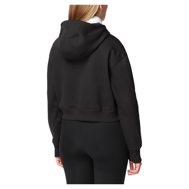 Back view of the Salomon Short Hoodie in Black colourway, women model