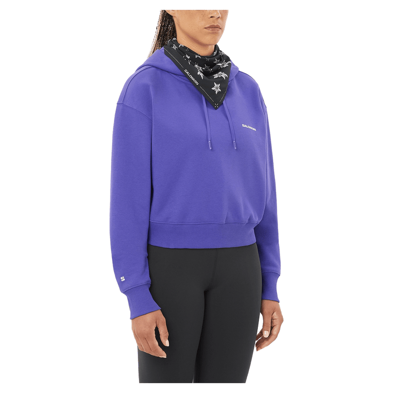 Front view of the Salomon Short Hoodie in Liberty colourway, women model