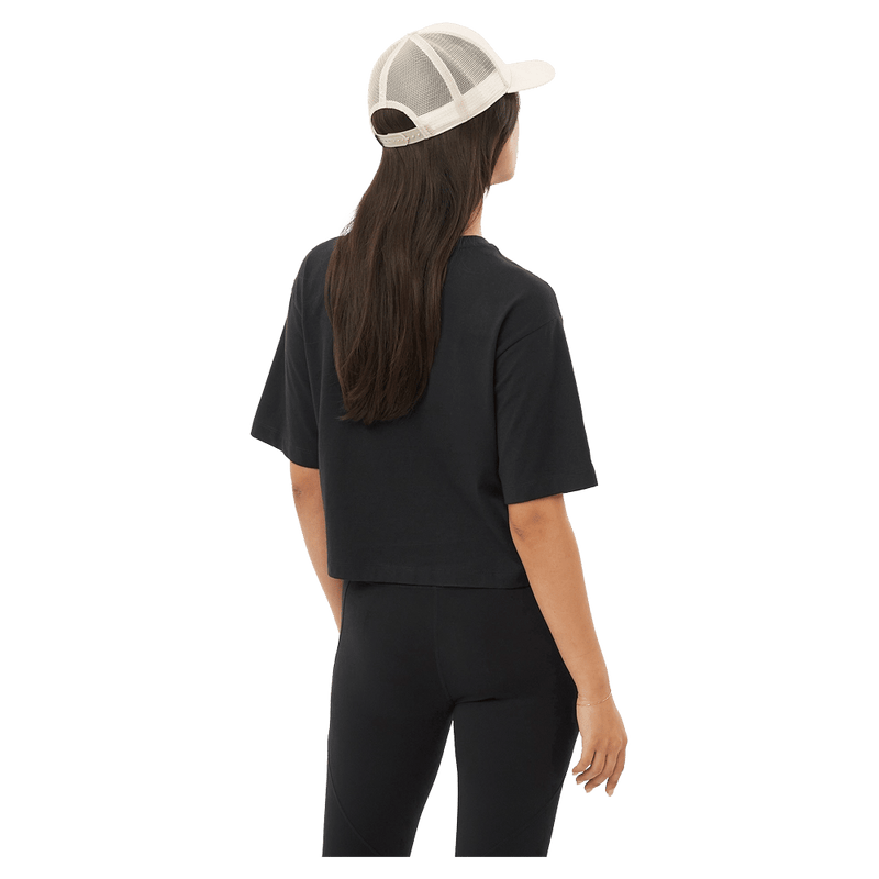 Back view of the Salomon Short Tee in Deep Black colourway, women model