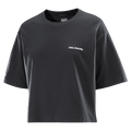 Main view of the Salomon Short Tee in Deep Black colourway, women model