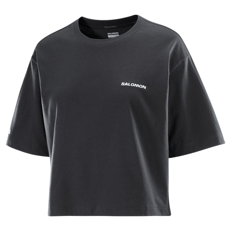 Main view of the Salomon Short Tee in Deep Black colourway, women model