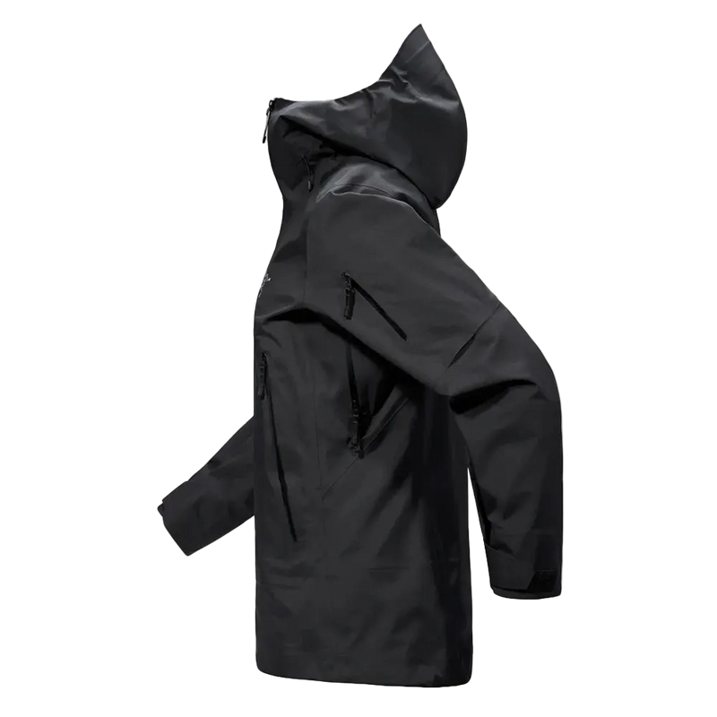 Side view of the Sentinel Ski Jacket in Black featuring a storm hood with toggle adjustment, side and arm zip pockets, zippered under arm vent and adjustable sleeve cuffs.  