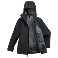 Front view of the Sentinel Ski Jacket in Black featuring a storm hood with toggle adjustment, a full front zip, side and arm zip pockets, internal zip and dump pockets and powder skirt. 