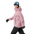 Side view of a woman wearing the Sentinel Ski Jacket in Bliss Black featuring a hood with adjustable toggle. 