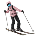 View of a woman wearing Sentinel Ski Jacket in Bliss Black with full ski gear and equipment and a backpack. 