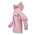 Side view of the Sentinel Ski Jacket in Bliss Black, featuring a storm hood with toggle adjustment, underarm zip vents, zip pockets at the sides and on the sleeve, adjustable cuffs, and a blush pink tone with contrast black hardware and logo on the chest.