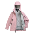 Front view of the Sentinel Ski Jacket in Bliss Black, featuring a storm hood with toggle adjustment, a full zip front, internal laminated zip pocket, and powder skirt.