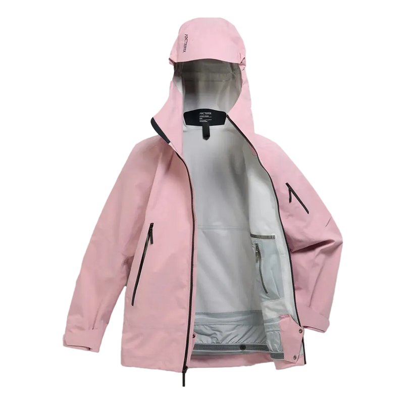 Front view of the Sentinel Ski Jacket in Bliss Black, featuring a storm hood with toggle adjustment, a full zip front, internal laminated zip pocket, and powder skirt.