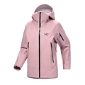 Front view of the Sentinel Ski Jacket in Bliss Black, featuring a storm hood with toggle adjustment, a full zip front, underarm zip vent, zip pockets at the sides and on the sleeve, adjustable cuffs, and a blush pink tone with contrast black hardware and logo on the chest.