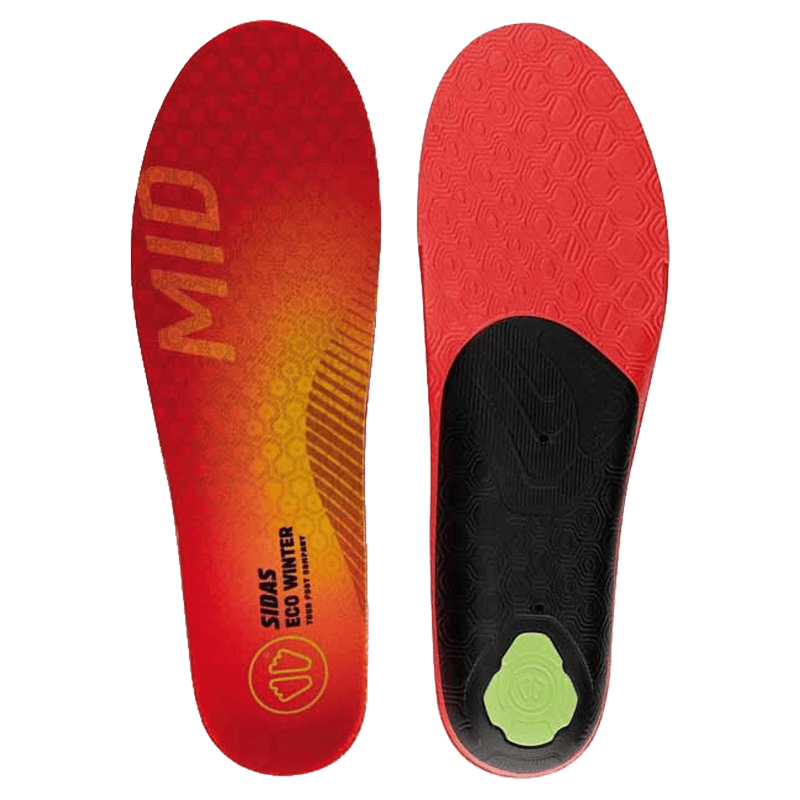 Sidas 3Feet ECO Winter Mid insoles with a red gradient top and black underside featuring a lime green heel cushion.