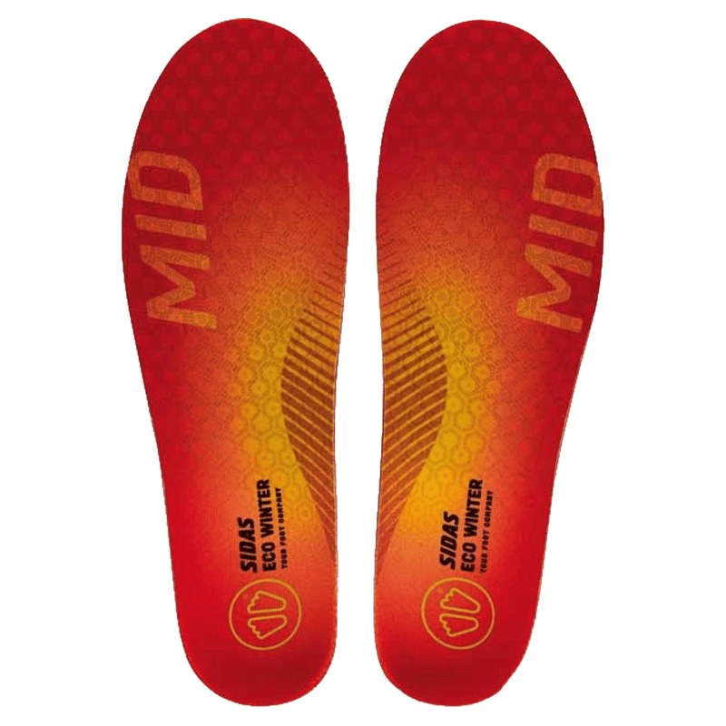 Pair of Sidas 3Feet ECO Winter Mid insoles with red and orange gradient, honeycomb pattern, and MID branding.