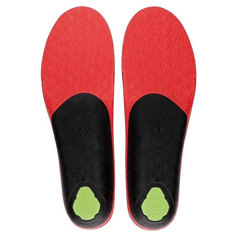 Sidas 3Feet ECO Winter Mid insoles underside with red honeycomb forefoot, black arch, and lime green heel pads.