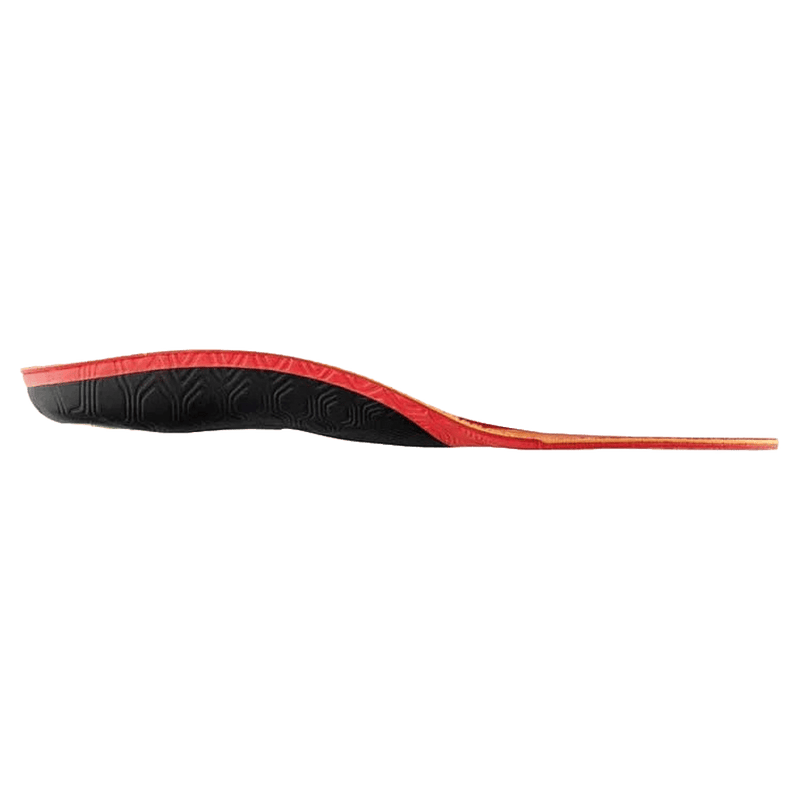 Side profile of a Sidas 3Feet ECO Winter Mid insole showing its black base, red top layer, and contoured arch support.