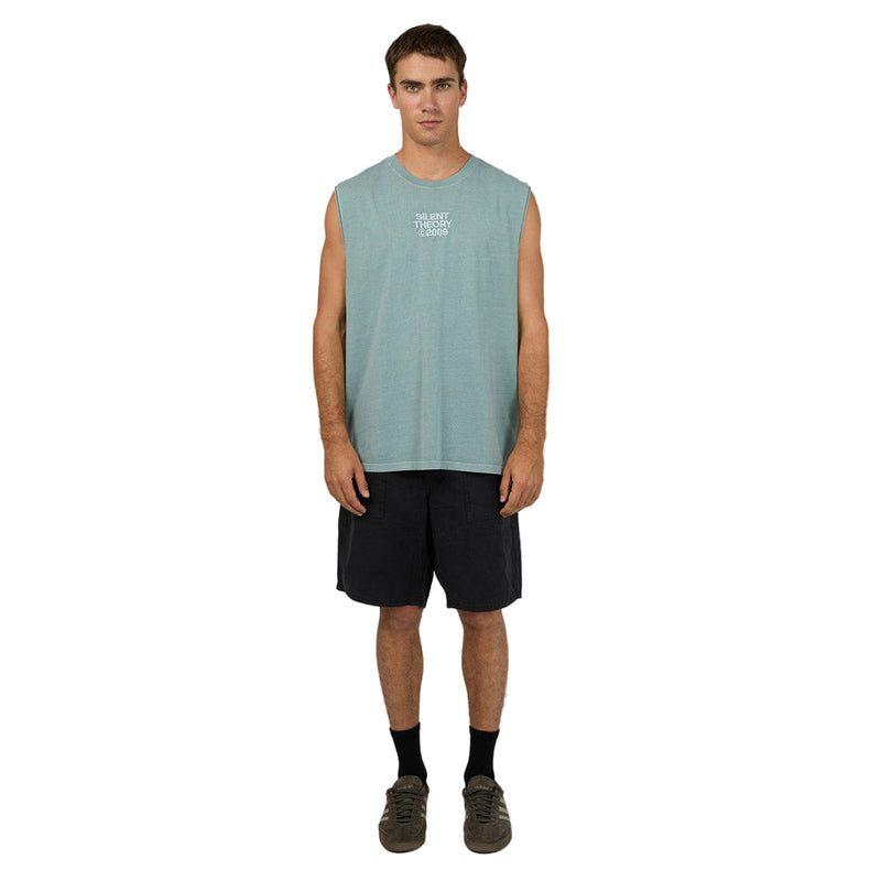 Complete look of Man wearing Silent Theory's Emb Muscle Tee in steel colourway