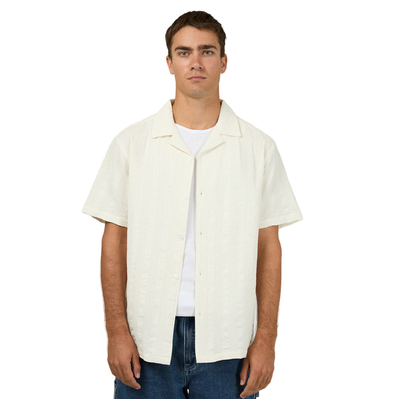 Front view of man wearing Luca SS Shirt in washed white colourway