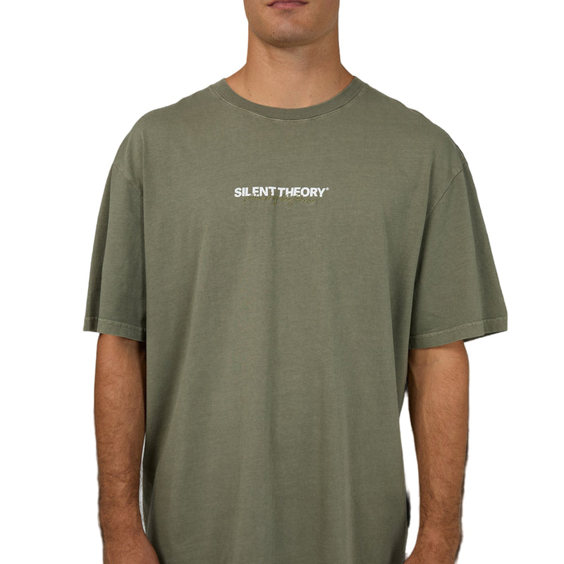 Men wearing Silent Theory's Stayin Ahead Tee in olive colourway
