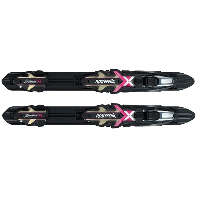 Pair of black Rottefella Xcelerator 2.0 skate bindings with pink and white accents, shown from a top-down perspective.