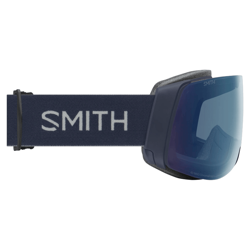 Side view of the Smith 4D MAG AF Goggles in Royal Navy, Everyday Blue Mirror lens, unisex model