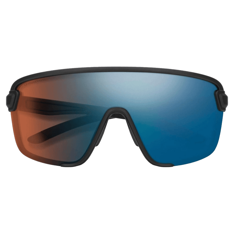 Fornt view of the Smith Bobcat Sunglasses in Matte Black, ChromaPop Glacier Photochromic Copper Blue Mirror  lens, unisex model