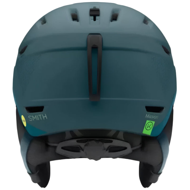 Back view of Smith Mission snow Helmet in Matte Pacific Geo  featuring MIPS protection, BOA fit system, active ventilation and audio compatible pad