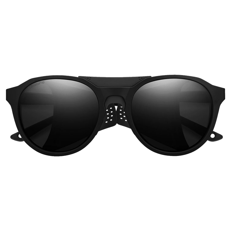 Front view of the Smith Venture Sunglasses in Matte Black, ChromaPop Photochromic Copper Blue Mirrro lens, unisex model