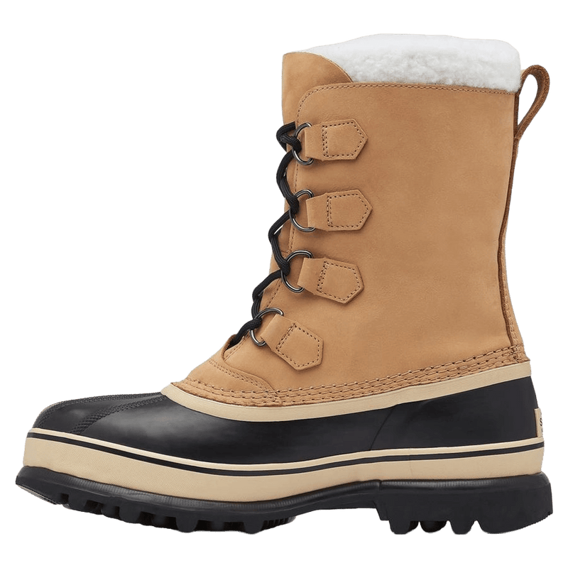 Left view of the Sorel Caribou Apres Boots in buff colourway, men model