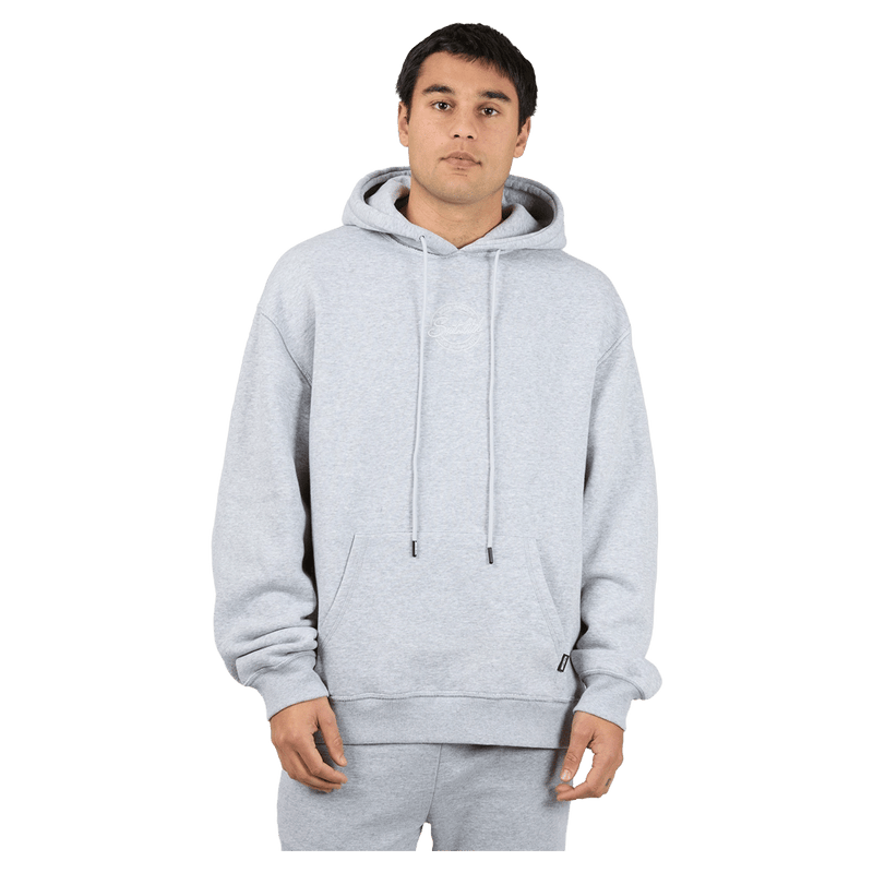 Front view of the St Goliath Radio Hoodie in Grey Marle colourway, men's model