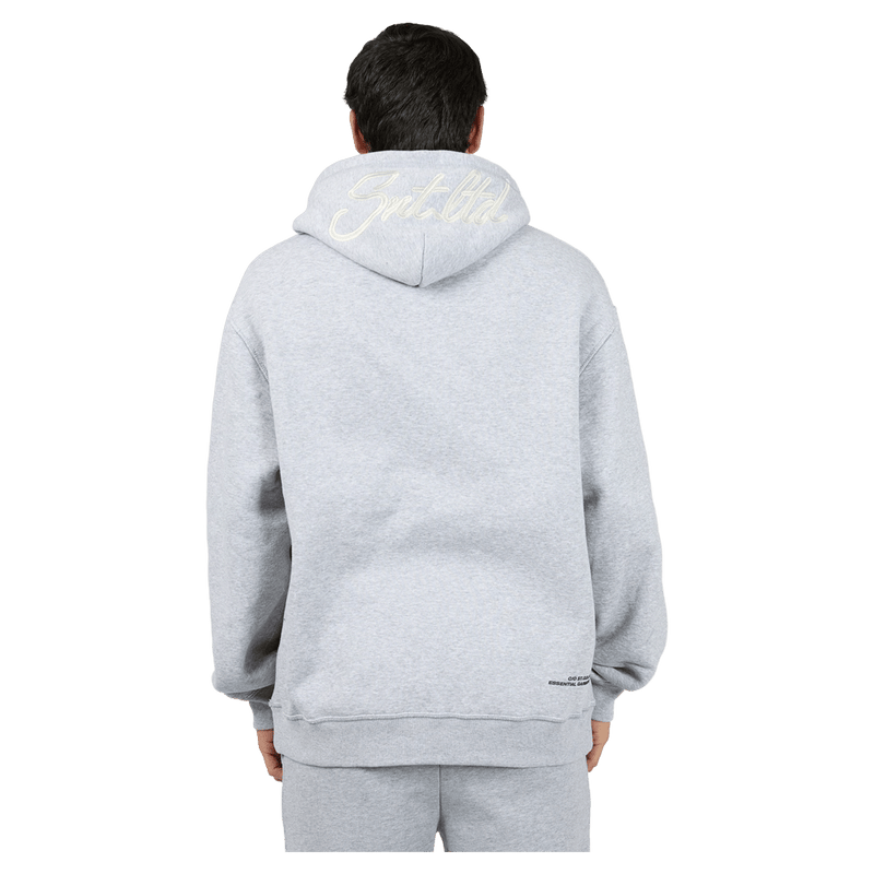 Back view of the St Goliath Radio Hoodie in Grey Marle colourway, men's model