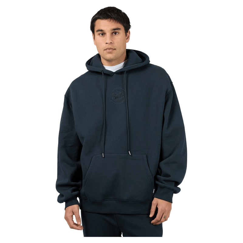 Main view of the St Goliath Radio Hoodie in Navy colourway, men's model