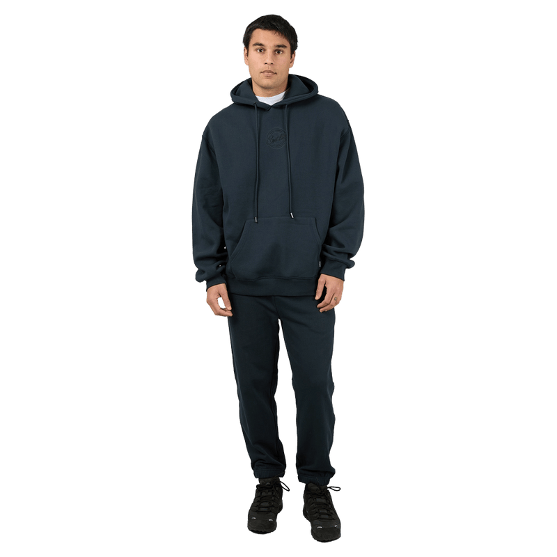 Full-body view of the St Goliath Radio Hoodie in Navy colourway, men's model