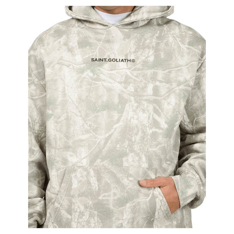 Close view of the St Goliath Tree Cammo Hoodie in Multi colourway, men's model