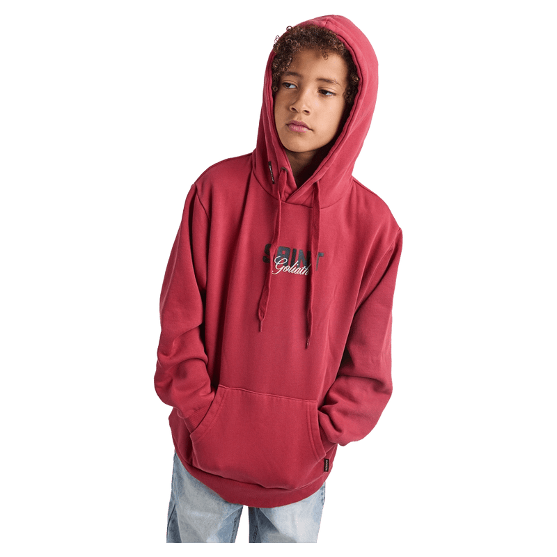 Front view of the St Goliath Upside Hoodie in Red colourway, kids's model
