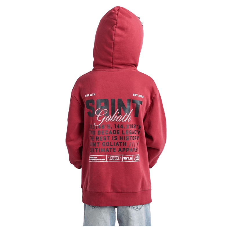 Back view of the St Goliath Upside Hoodie in Red colourway, kids's model