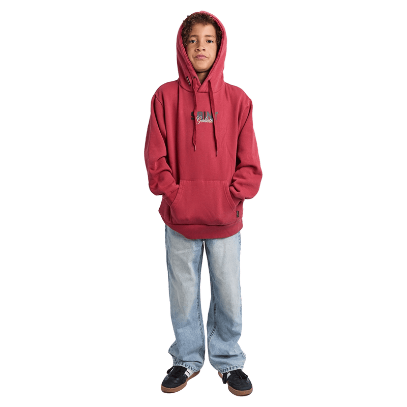 Full-body view of the St Goliath Upside Hoodie in Red colourway, kids's model