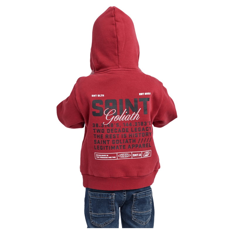 Back view of the St Goliath Upside Hoodie in Red colourway, toddler's model