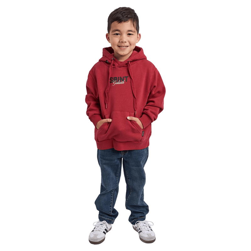 Full-body view of the St Goliath Upside Hoodie in Red colourway, toddler's model
