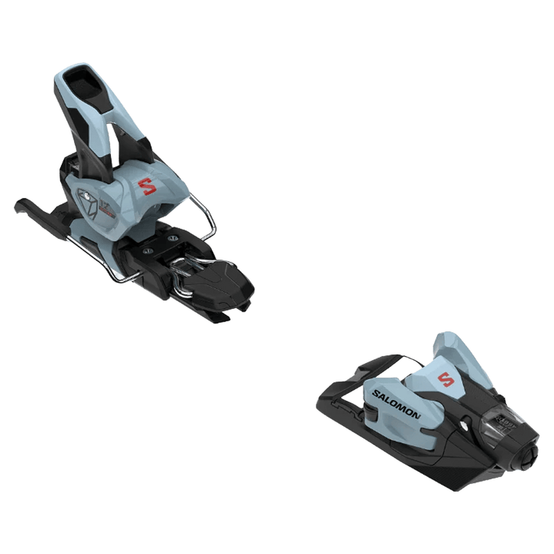 Light blue and black Salomon Strive 12 GW ski bindings showing the toe and heel pieces from a three-quarter angle.