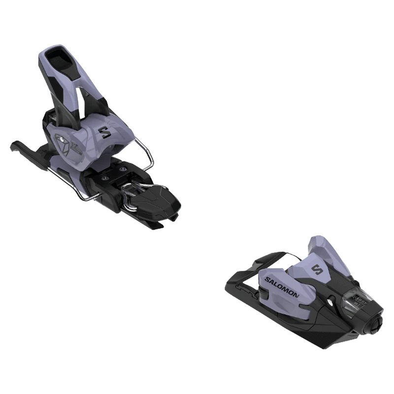 Salomon Strive 12 GW ski bindings in light purple and black, showing the toe and heel pieces from a three-quarter angle.