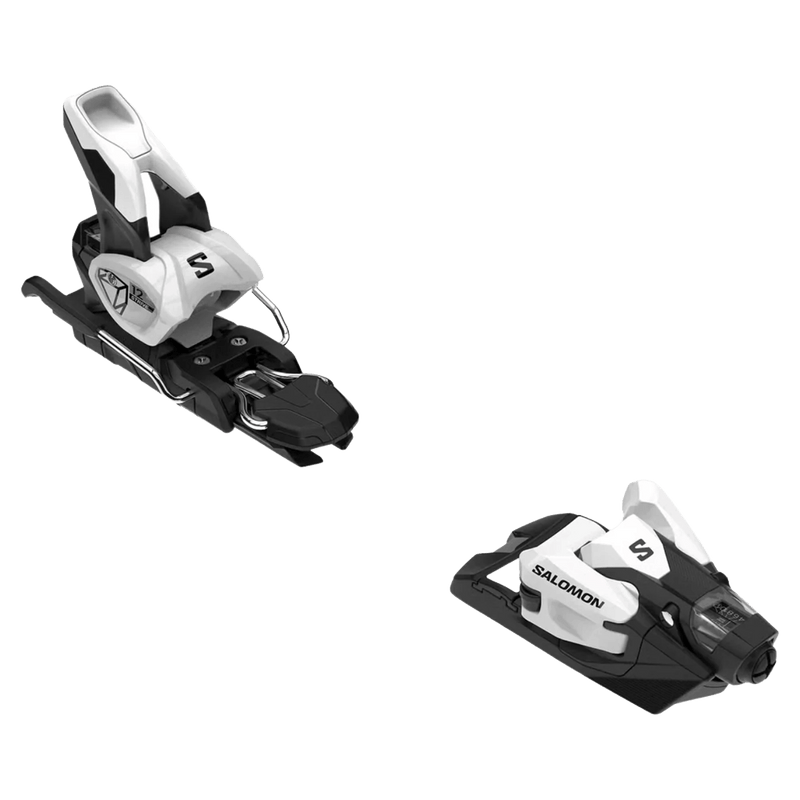 Black and white Salomon Strive 12 GW ski bindings showing the toe and heel pieces with integrated brakes.