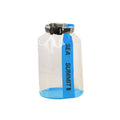 Sea To Summit Stopper Clear Dry Bag featuring a transparent body, blue base, and black roll-top buckle closure.