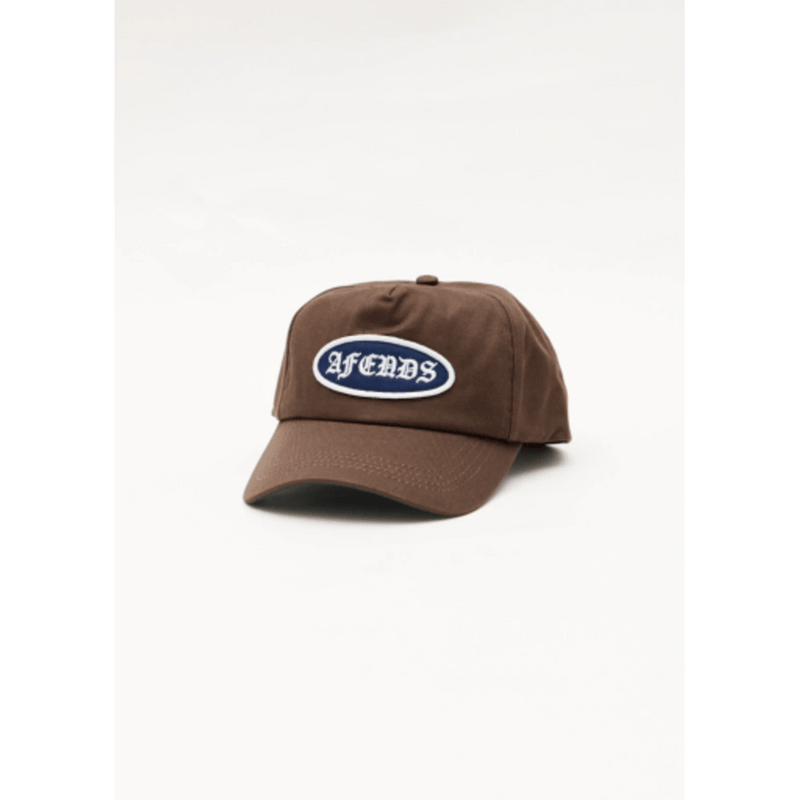 Front view of Afends Summit Recycled Five Panel Cap in colour Coffee.