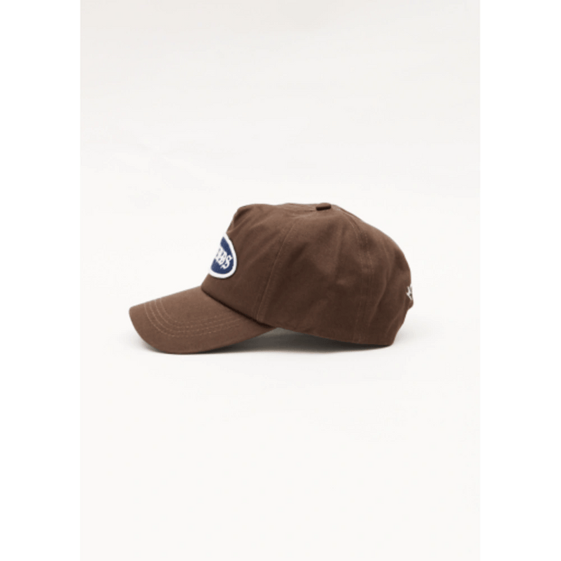 Side view of Afends Summit Recycled Five Panel Cap in colour Coffee.