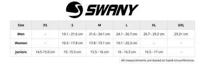 Size chart for Swany handwear showing measurements for men, women amd kids. Includes hand circumference in centimetres, with corresponding sizes. Helps customers find the right glove or mitten fit