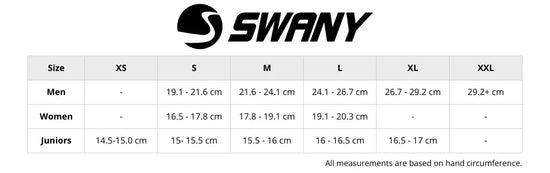 Size chart for Swany handwear showing measurements for men, women amd kids. Includes hand circumference in centimetres, with corresponding sizes. Helps customers find the right glove or mitten fit