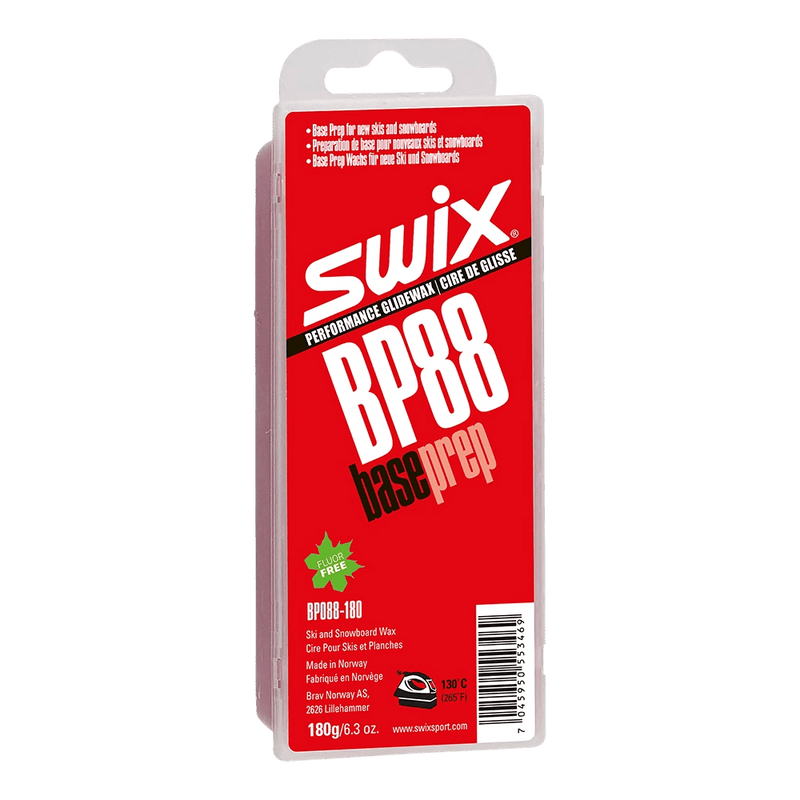 Swix BP88 Base Prep ski wax in a red and white plastic container with a hang tab and fluor free label.