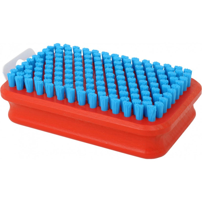 Red rectangular wood brush with blue nylon bristles and white hang tag