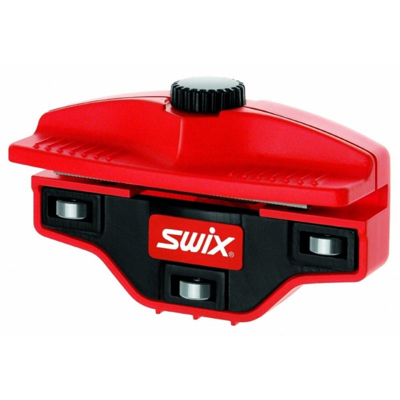Swix Edge Phantom R Sharpener tool in hard red plastic with 3silver wheel bearings and silver stone